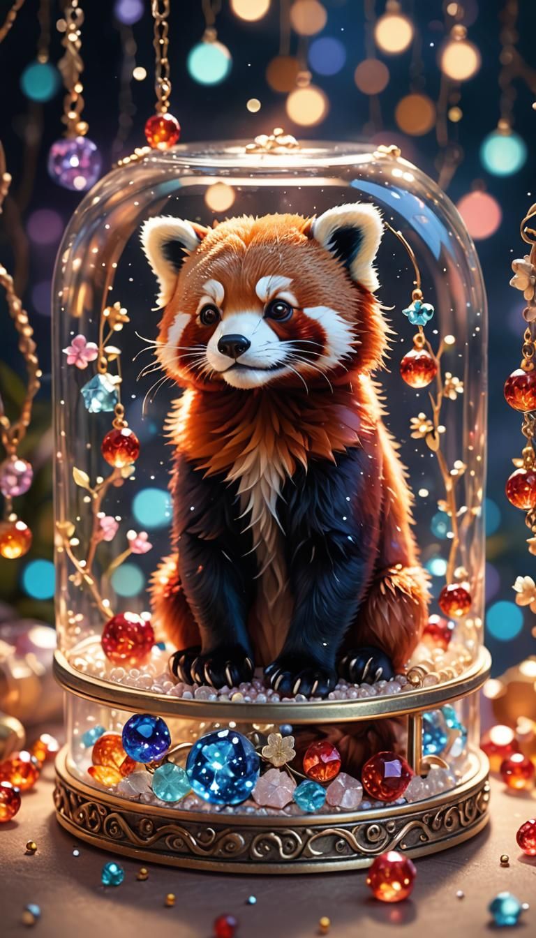 Miniature Red Panda in Glowing Jewelry Box