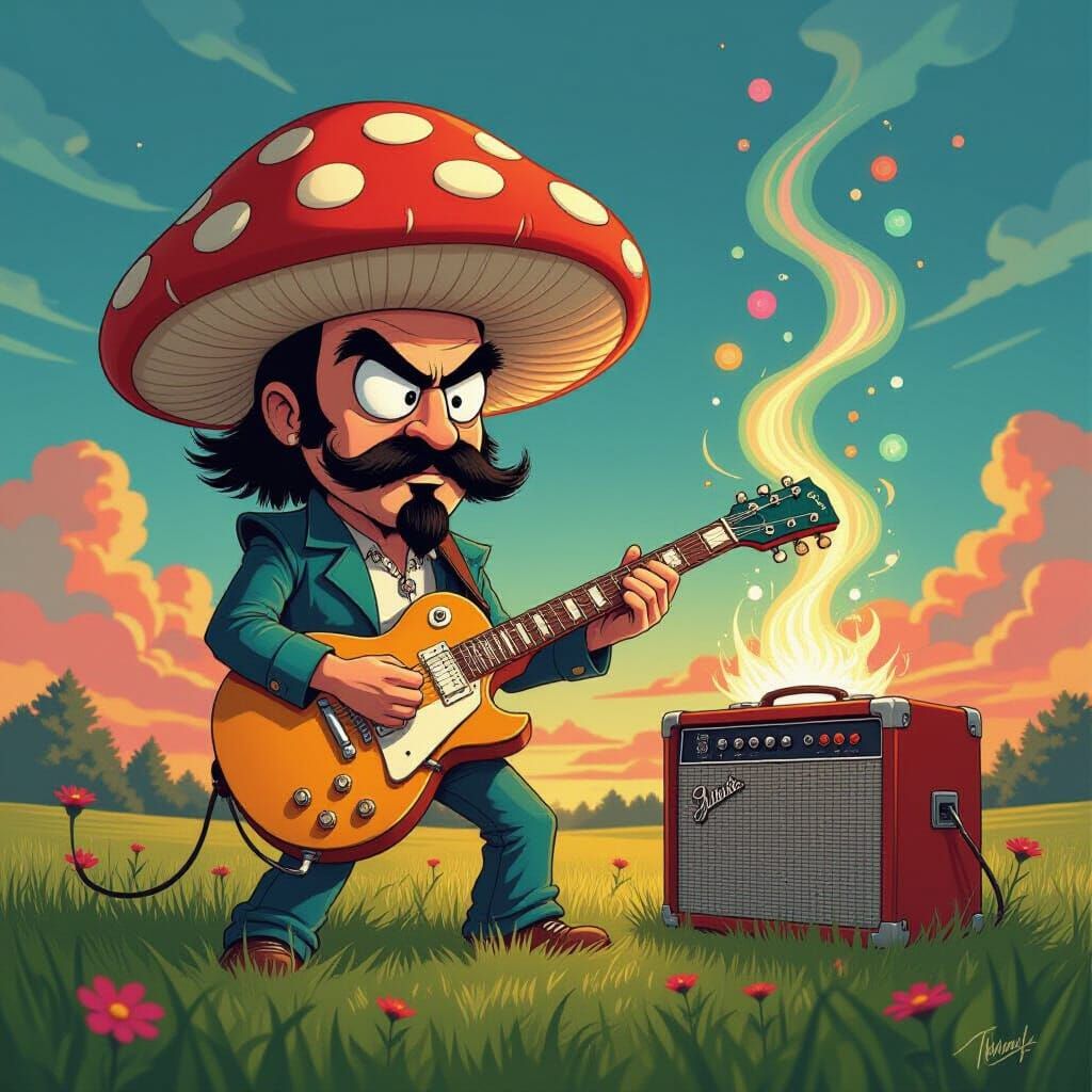 Psychedelic Cartoon Mushroom Rocking Out