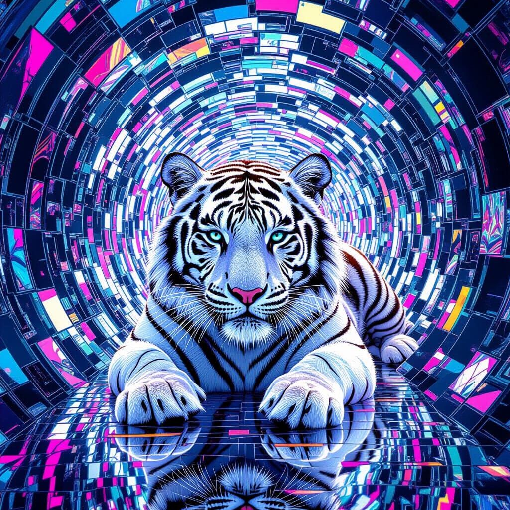 Kaleidoscope Tiger in Bioluminescent Tunnel, Hyperrealistic ...
