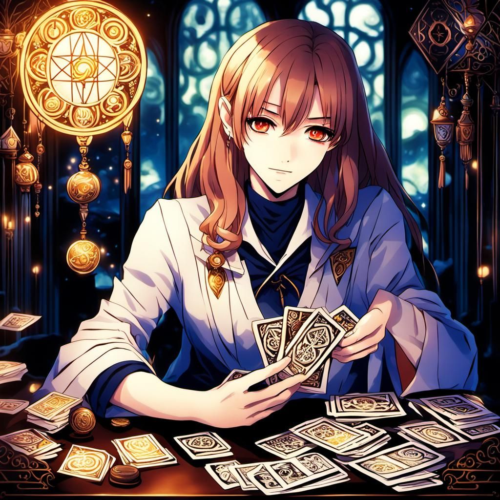 young woman is handling tarot cards, with a (captive look ey...