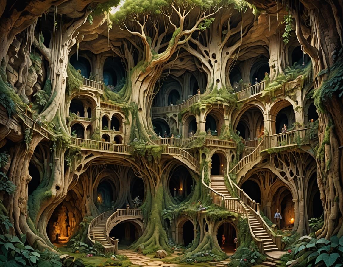 Fantasy Cave Maze Under Colossal Petrified Tree