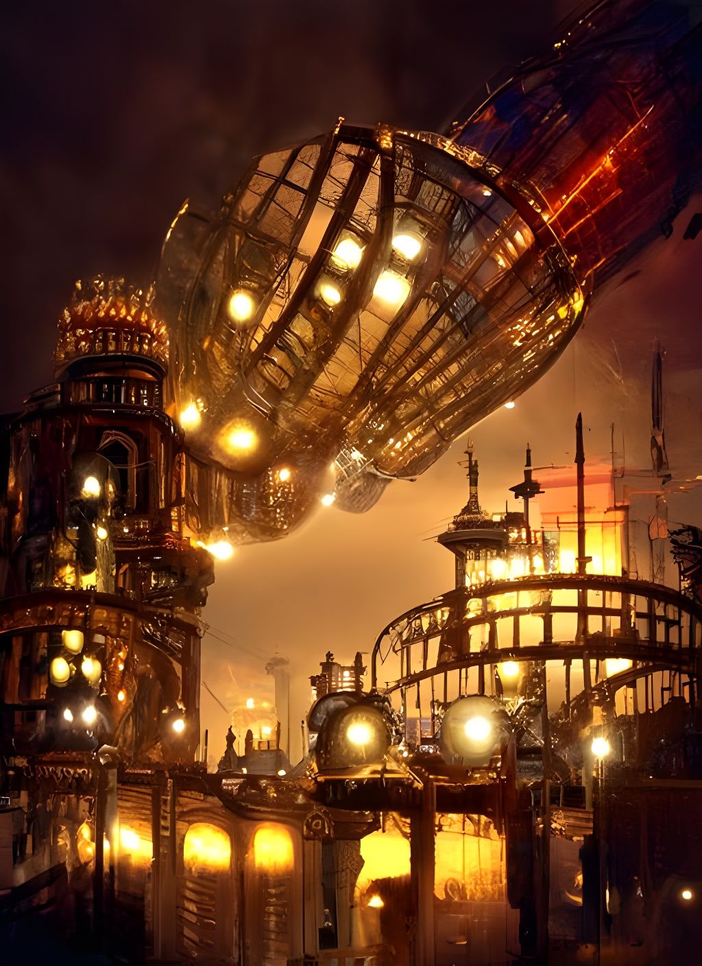 Steampunk City at Night with Airships and Zeppelin