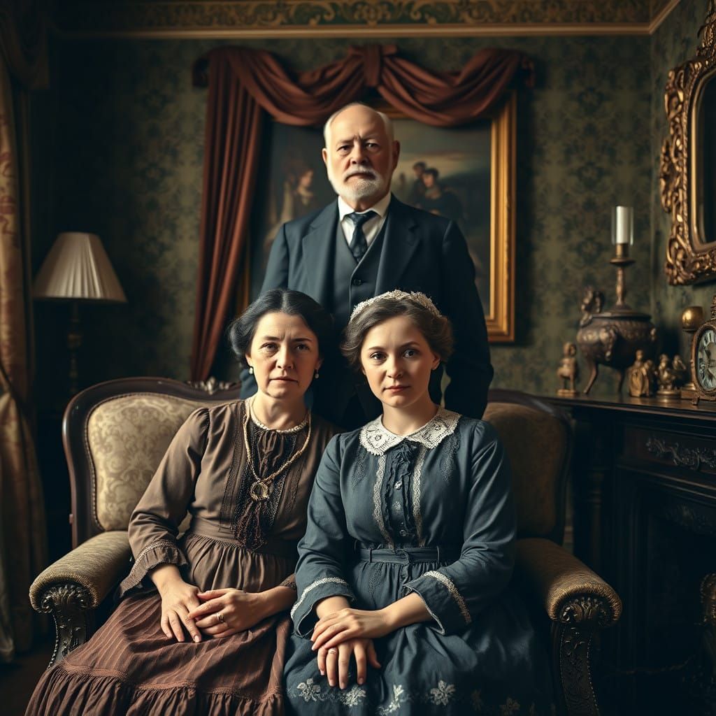 Dignified Victorian Family Portrait in Opulent Living Room S...