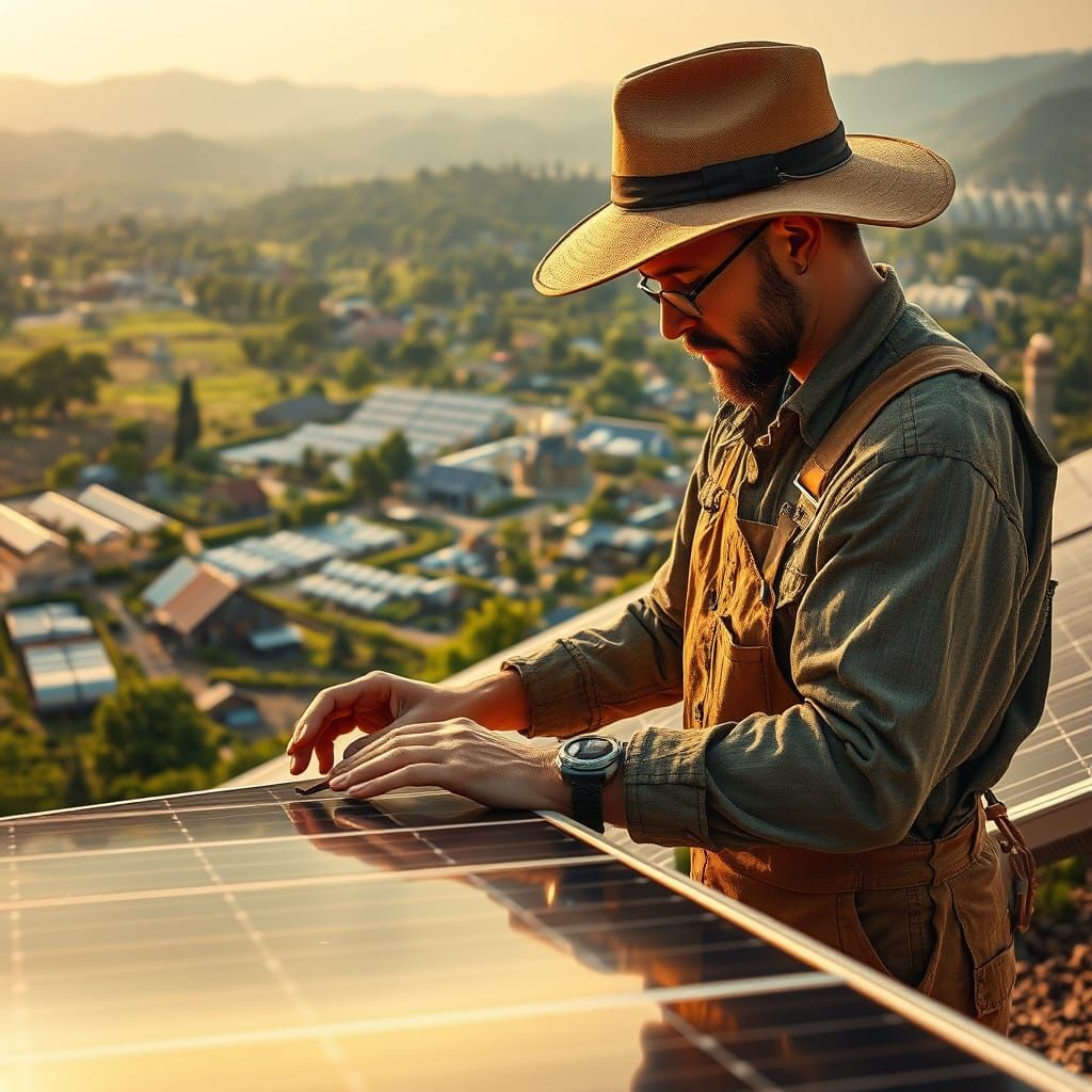 Surreal Solarpunk Innovator Repairs a Solar Array in a Thriv...