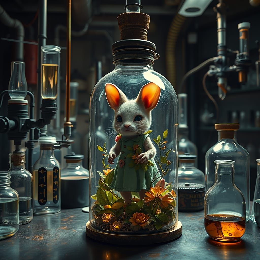 A Tiny Fairy Trapped in a Vintage Experiment Bottle in a Dre...