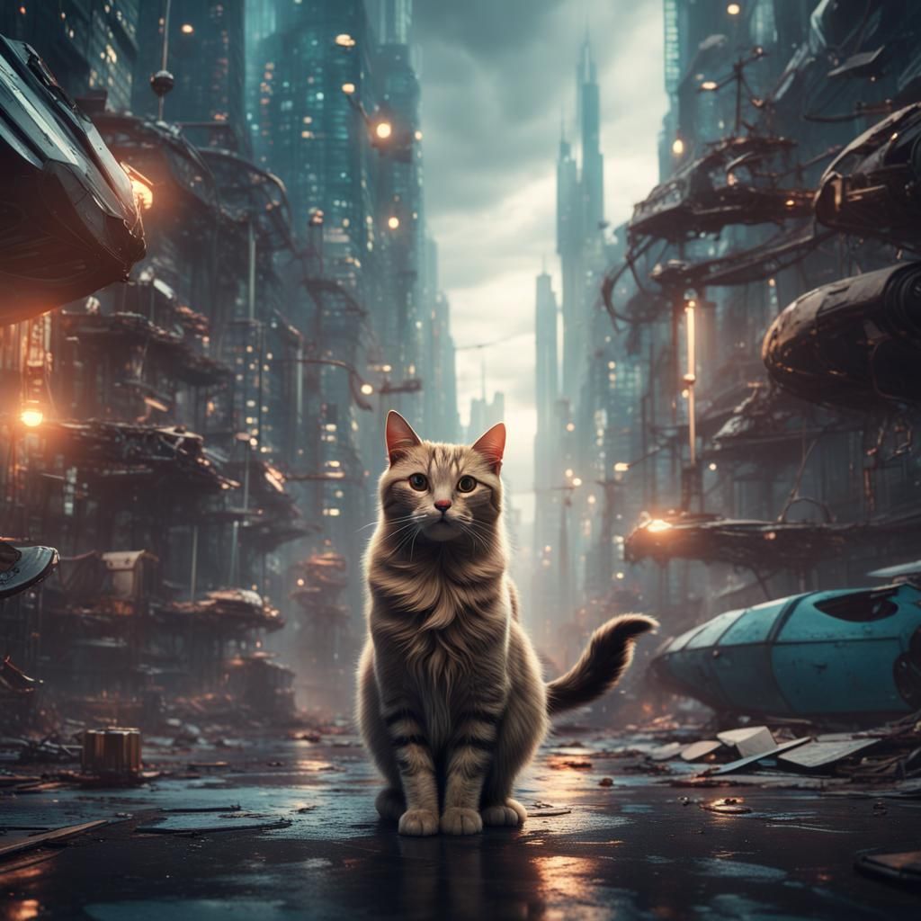 Detective Cat in a Futuristic Cityscape