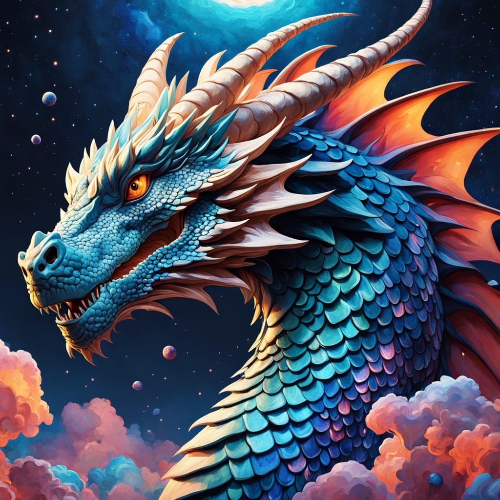 Dragon Soars Through Cosmic Landscape in Whimsical Digital A...