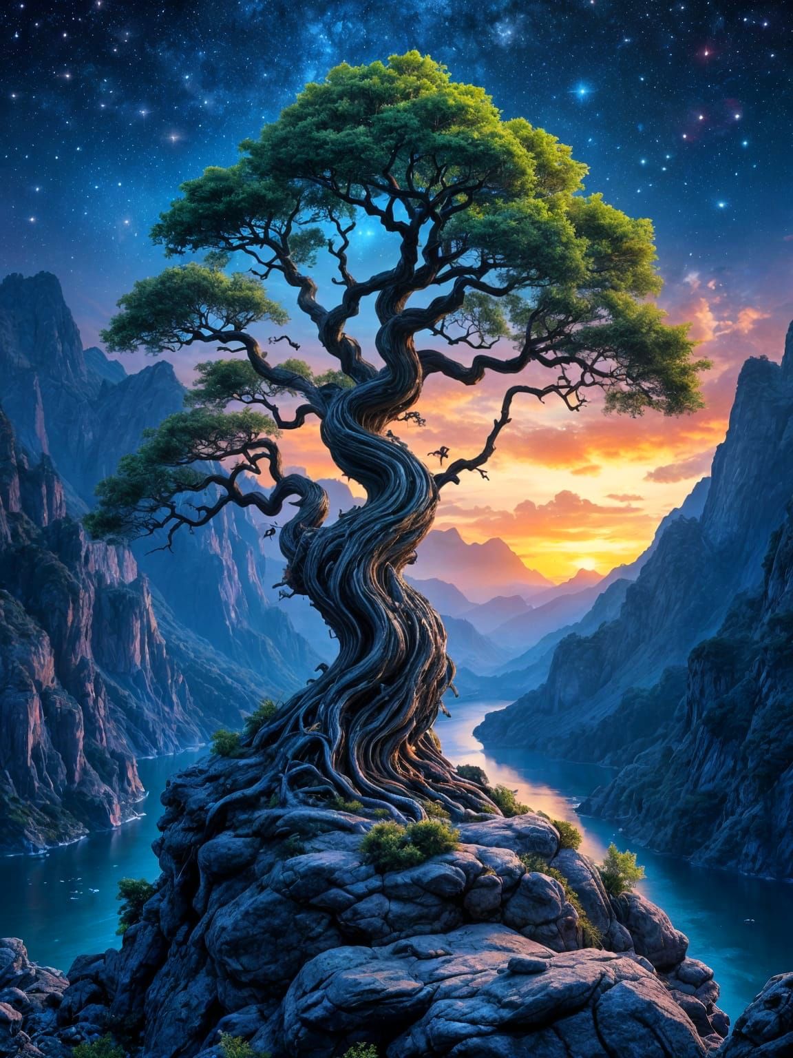 Complex Bonsai Tree Overlooking Mountain River