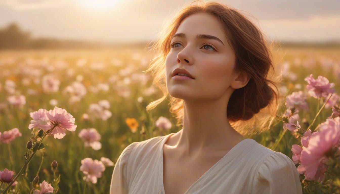 Portrait of a Resilient Young Woman in a Field of Blooming F...