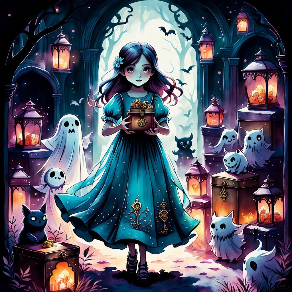 Ethereal Girl with Demons: A Watercolor Fantasy