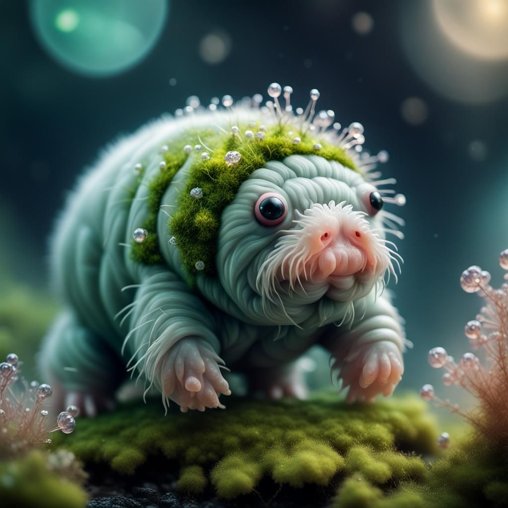 Fluffy Tardigrade in Biopunk Moss Micro-Cosmos