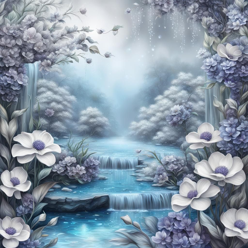 Fantasy Scene with Water, Flowers, and Leaves