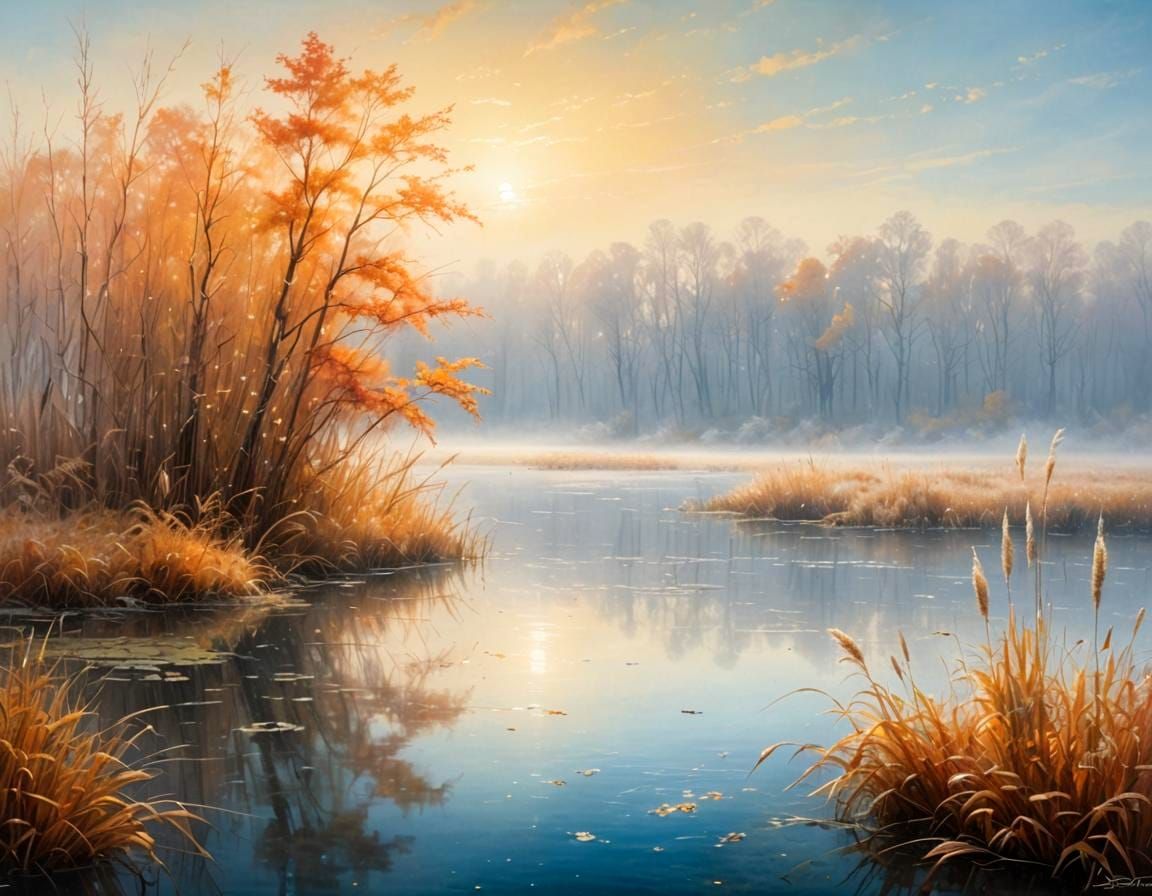 Autumn Lake Landscape with Fog, Hyperdetailed Fantasy Art