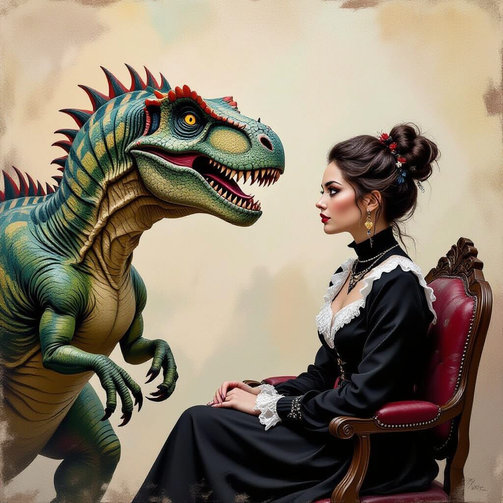 gothic whimsical portrait of an intelligent woman sitting in...