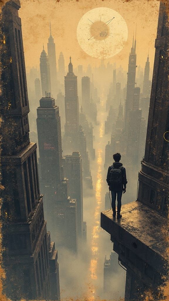 A person teetering at the edge of a skyscraper in a futurist...