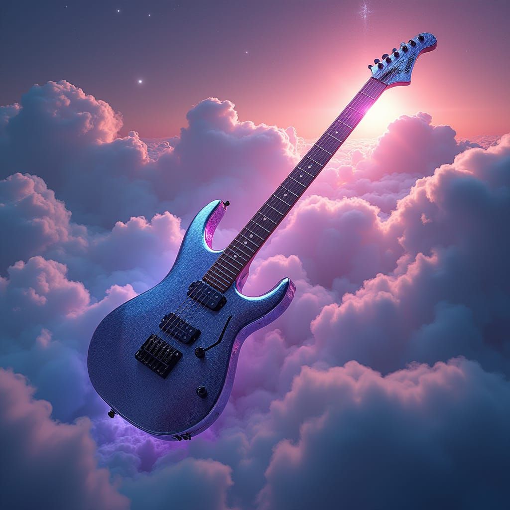Guitar Ascends Through Clouds in Futuristic Style