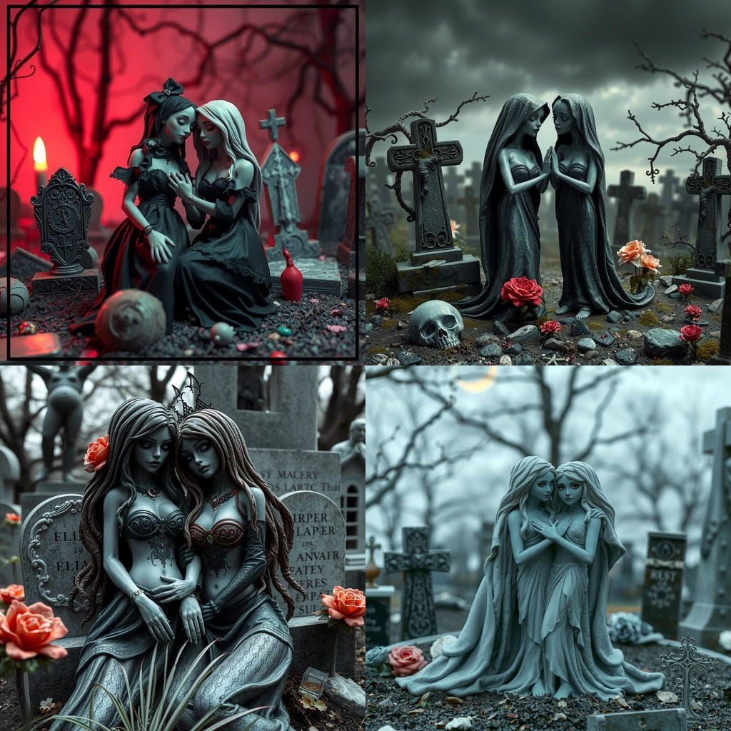 Goth Women Embrace in Cemetery as Claymation Art