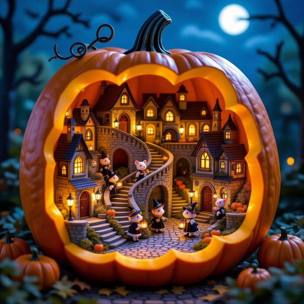 Enchanting Halloween Pumpkin Diorama Under Moonlight