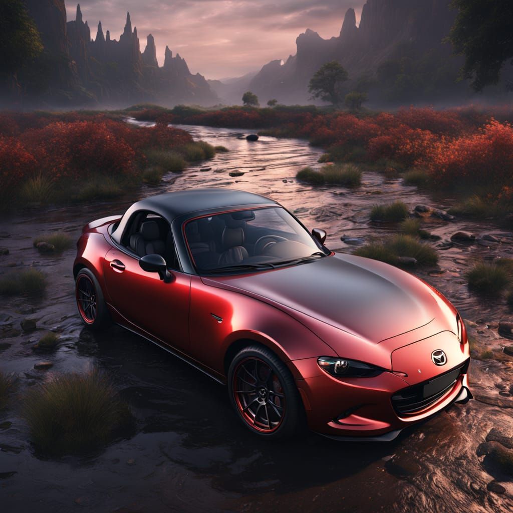 Tuned Mazda Miata in Vibrant Fantasy Landscapes