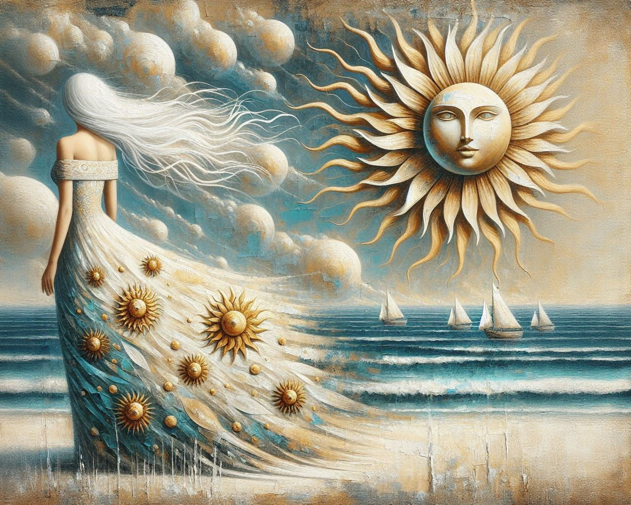 Surreal Woman and Sun on Vintage Oil Painting