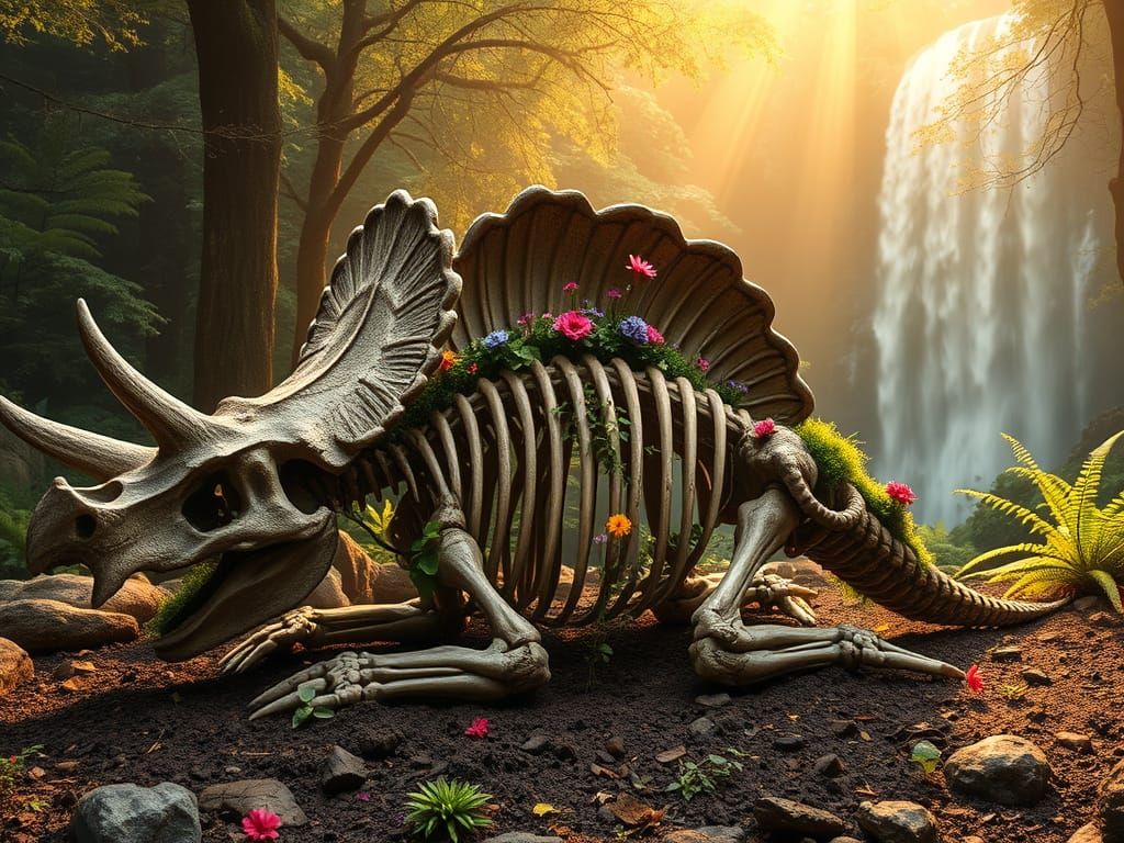 Triceratops Skeleton Merges With Forest Landscape