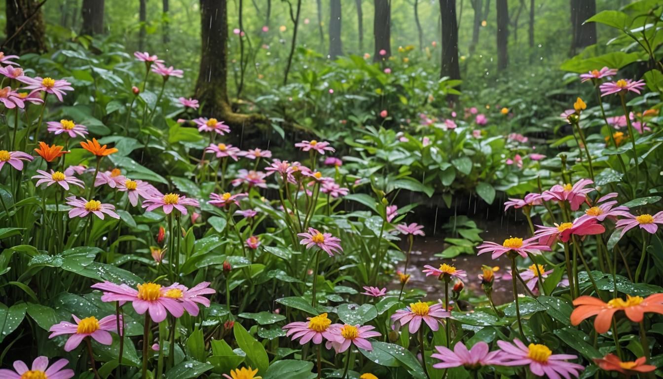 Spring Rainy Day Photograph with Blooming Flowers