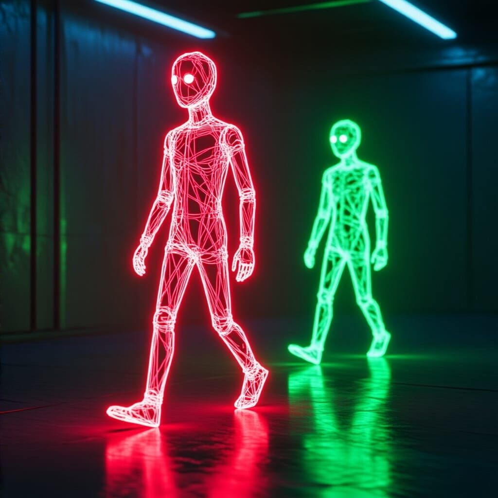 Neon 3D Stick Figures in Wireframe Futuristic Scene