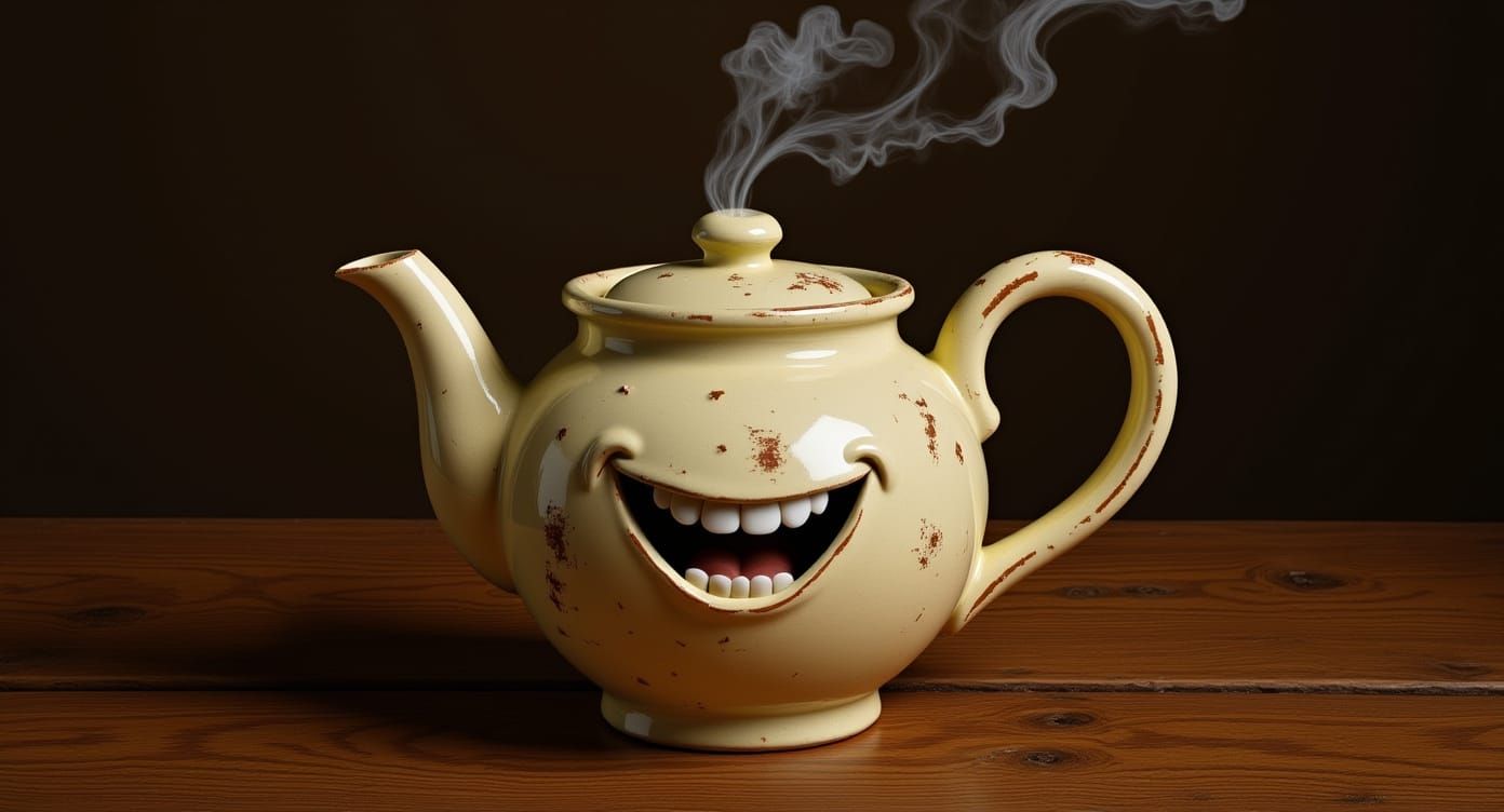 Whimsical Teapot Grins on Wooden Table