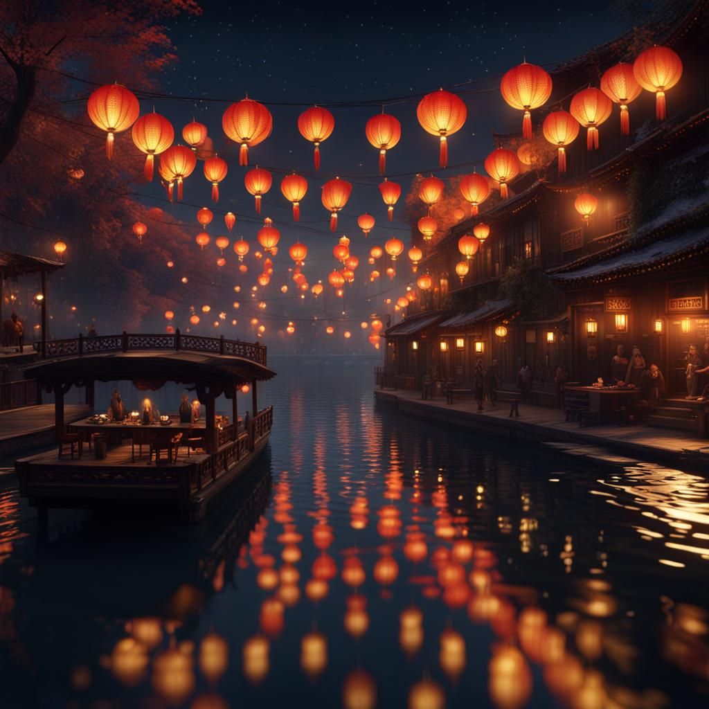 Night River Scene with Chinese Lanterns in Detailed Painting