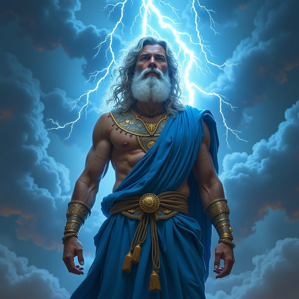 Young Zeus in Celestial Robes Amidst Storm