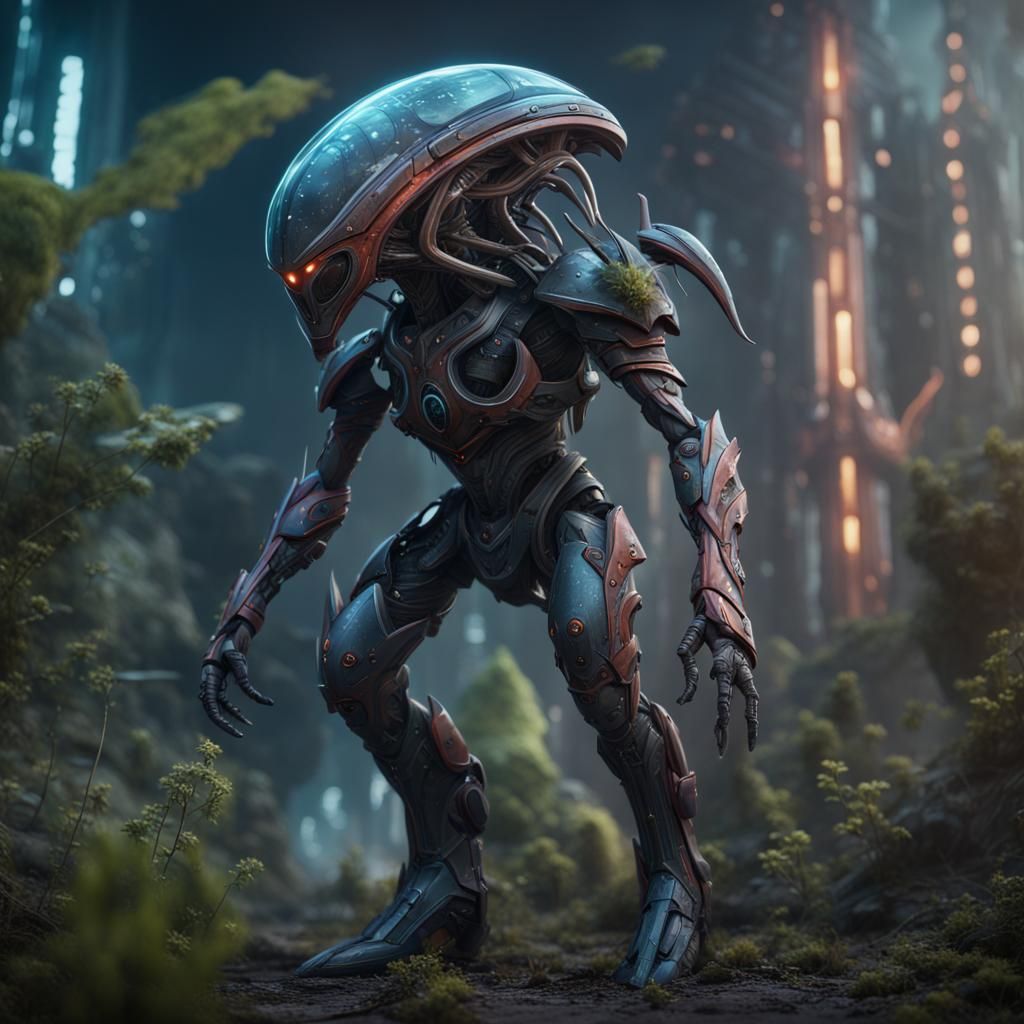 Armored Alien Plant Creature in Sci-Fi Setting