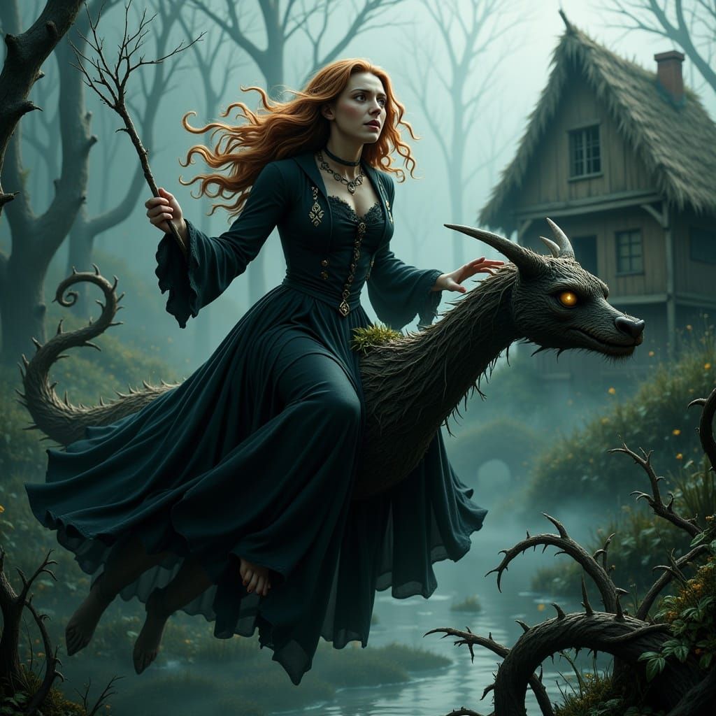 Eerie Victorian Witch Soaring Above Misty Swamp