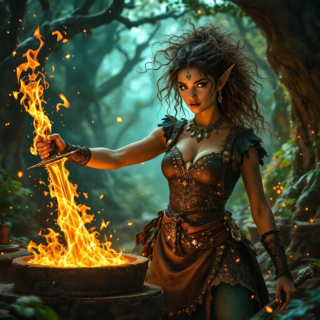 Mystical Elven Blacksmith in a Whimsical Forest Workshop