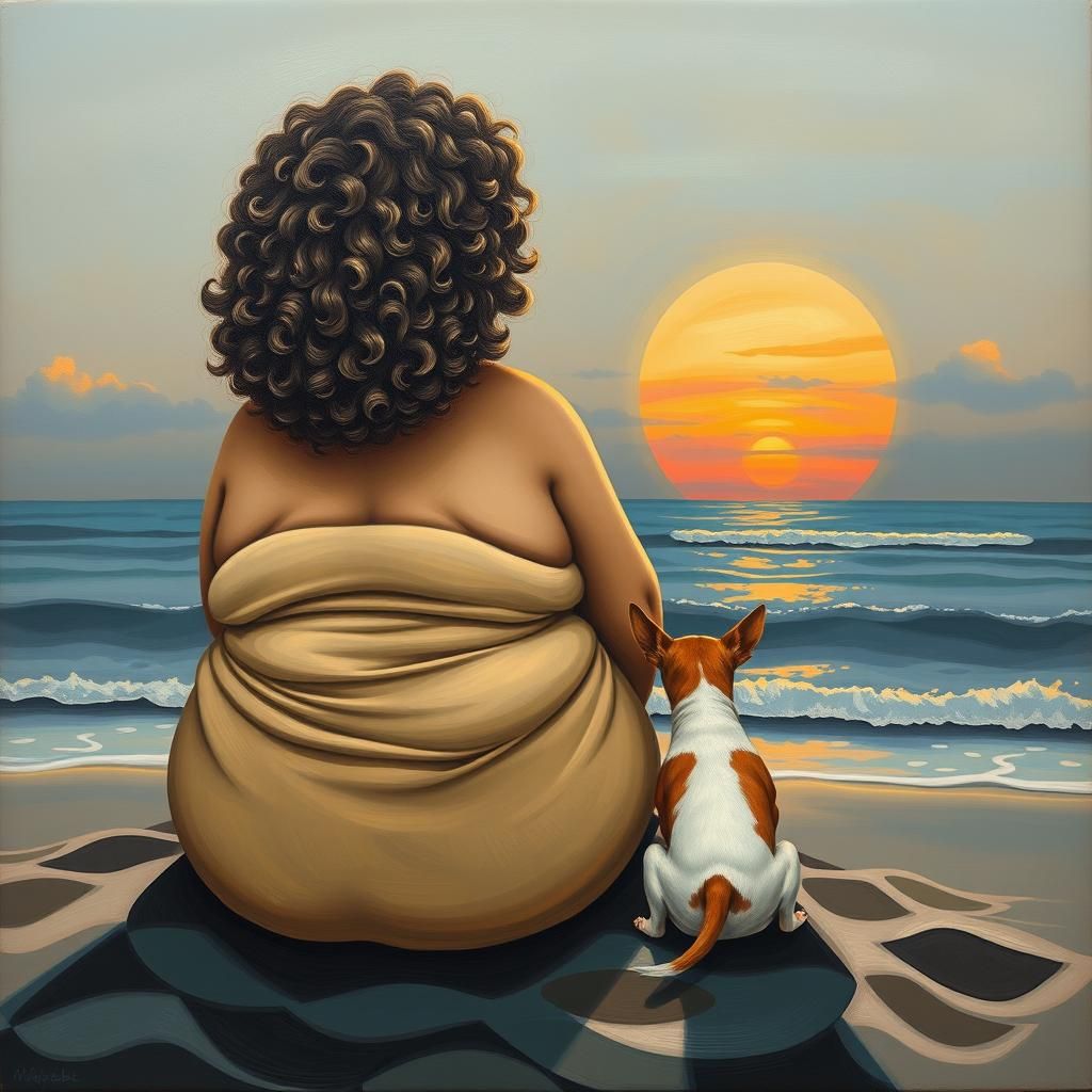 Whimsical Sunset Beach Scene with Woman and Dog