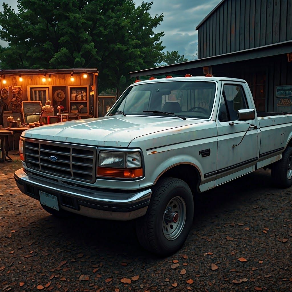 Ford F250 at Yard Sale in Detailed Matte Painting Style