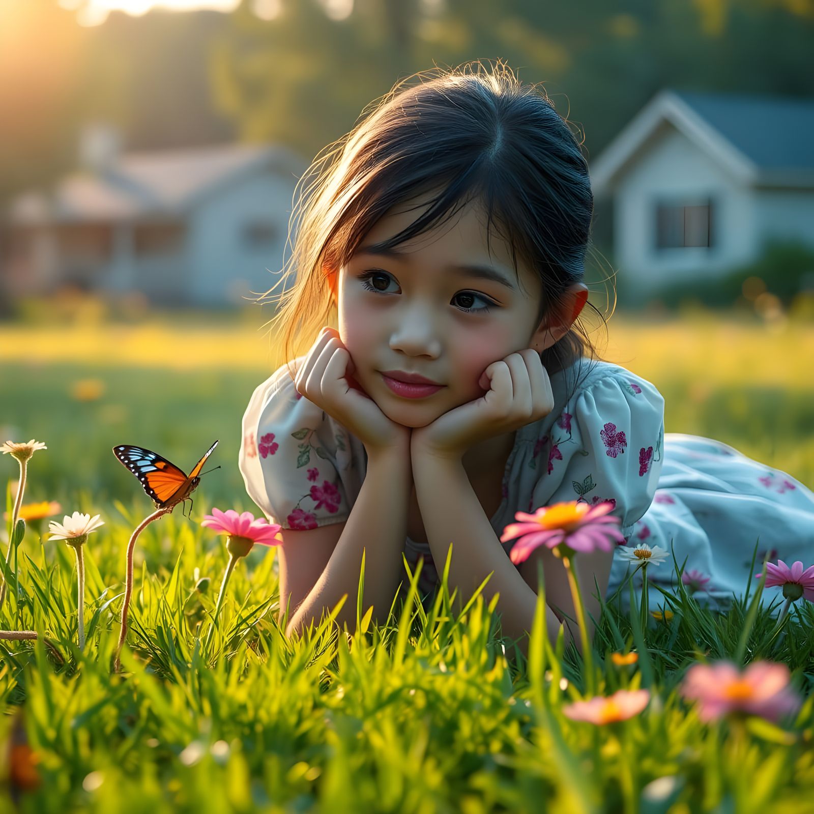 Girl in Meadow Watching Butterfly: Matte Painting Style