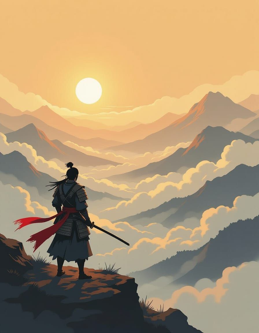 Samurai Warrior Surveys Golden Valley in Ink Wash Style