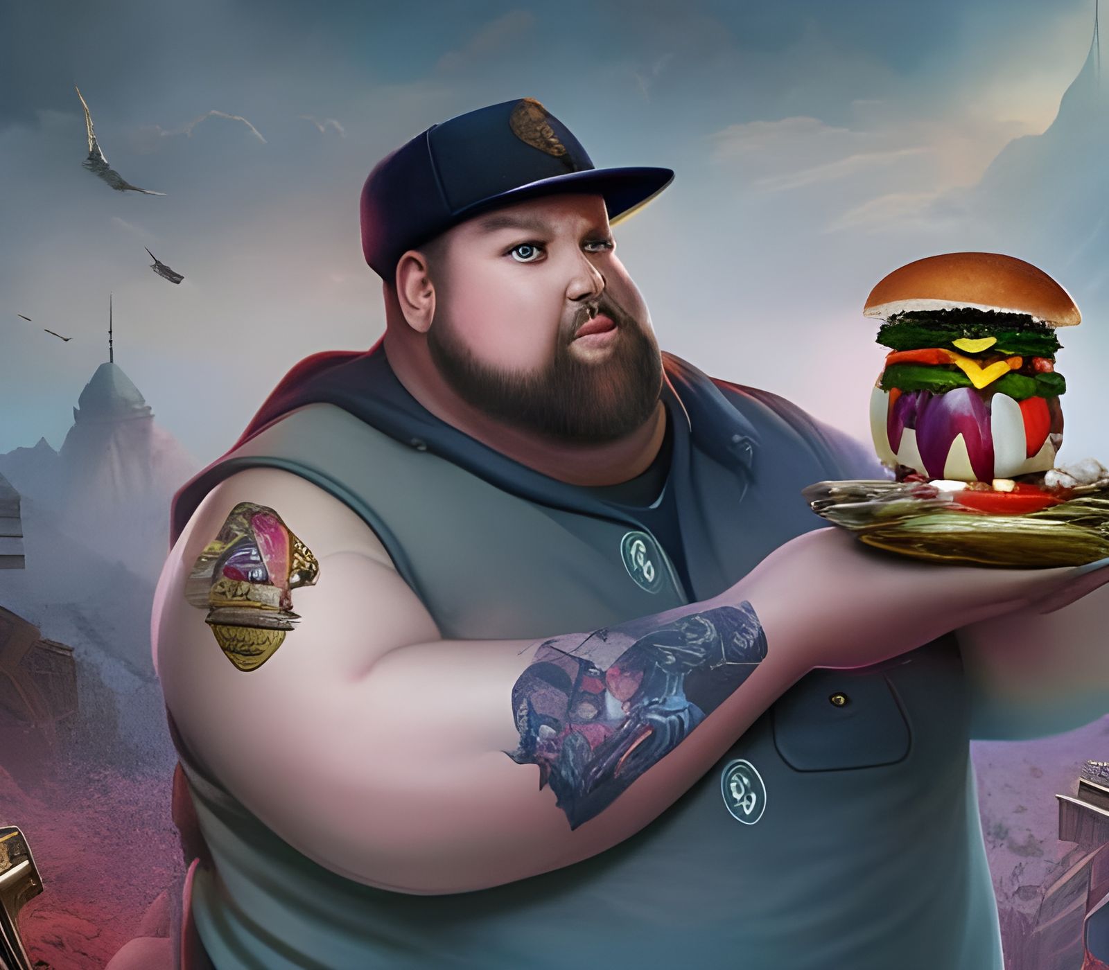 Boy with Burger and Shotgun: Digital Illustration