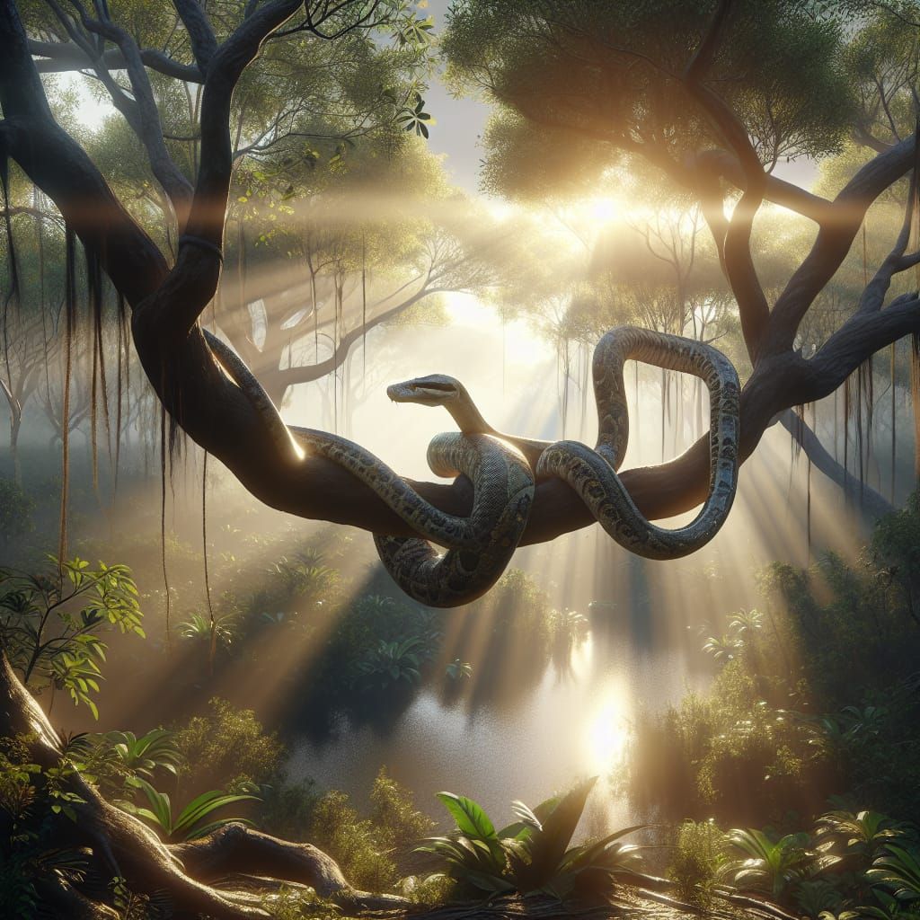 Constrictor Snake in Swamp at Sunrise: 3D Render