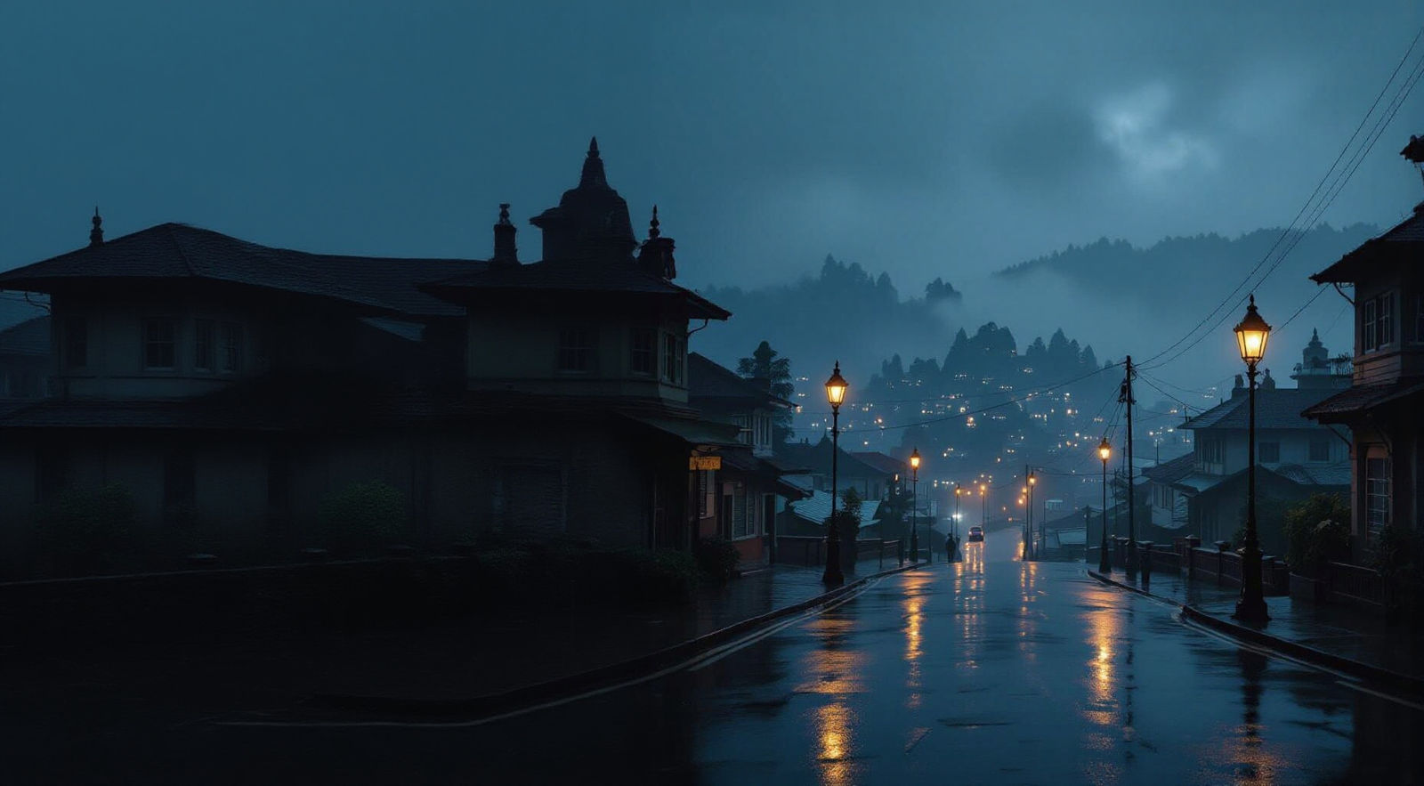 Rainy Night in Darjeeling: Foggy Photorealistic Landscape