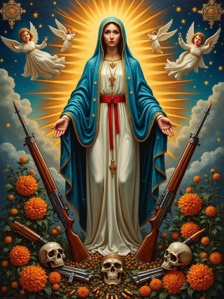 Surreal Virgin Mary in Hyper-Realistic Mexican-Style Retablo