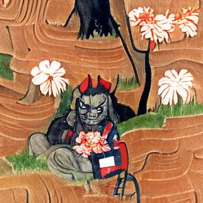 Oni in Nihonga Style with Flower