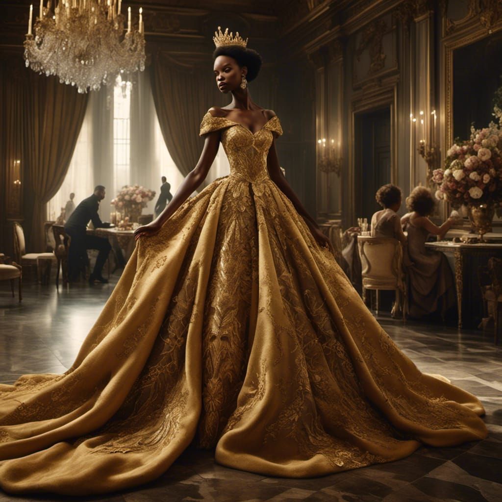 Joyful Woman in Gold Couture Gown