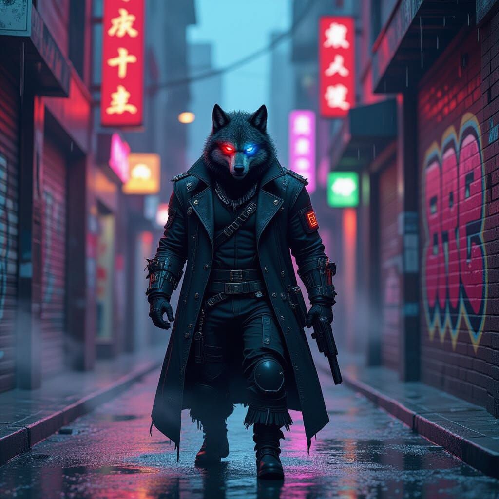 Cybernetic Werewolf Bounty Hunter in a Neon Alley