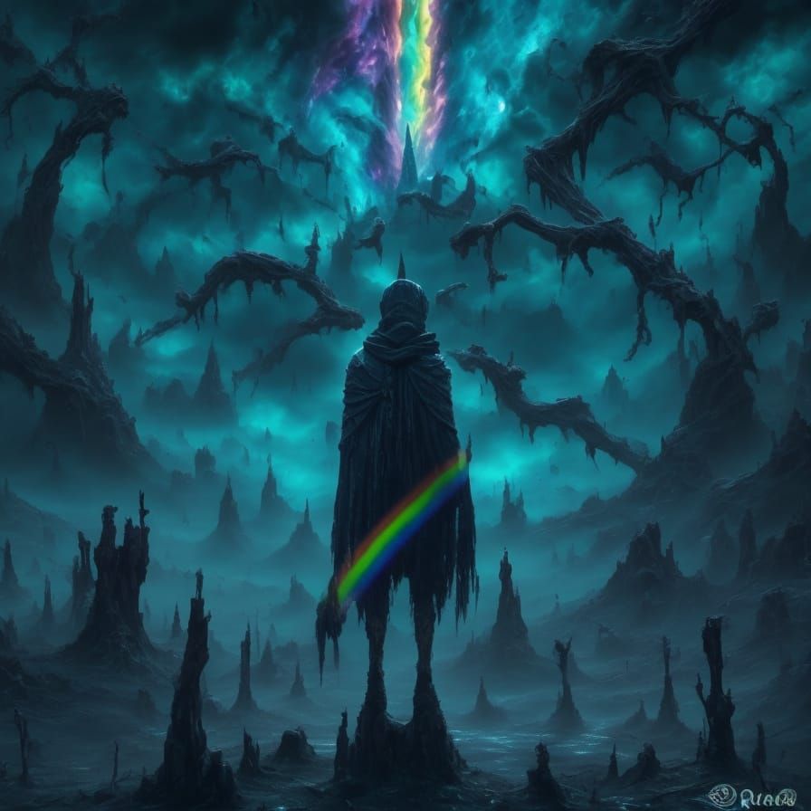 Otherworldly Mirror Reflects Wanderer on Alien Shore