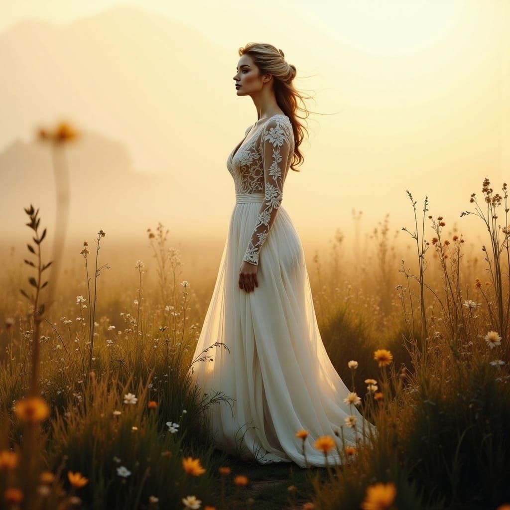 Serene Woman in Misty Meadow at Dawn
