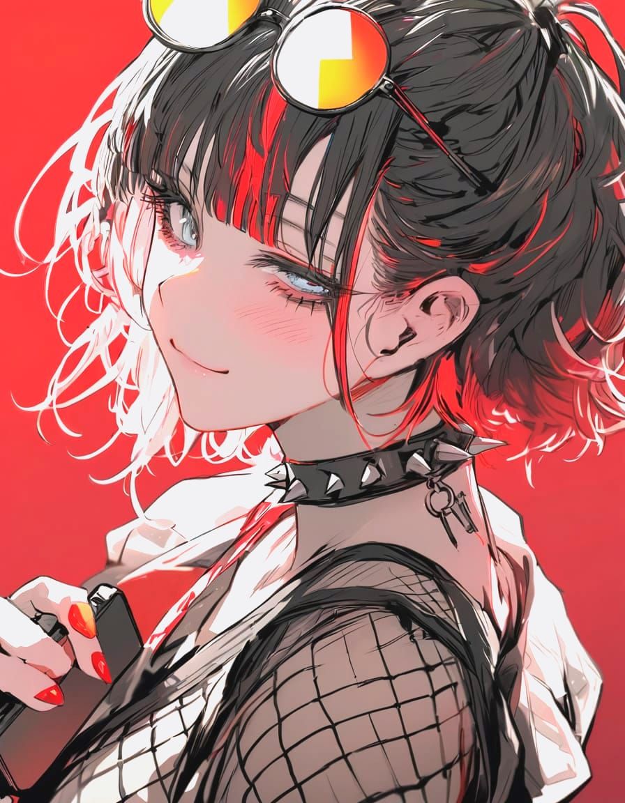 Punk Girl with Red Highlights in Noir Sketch