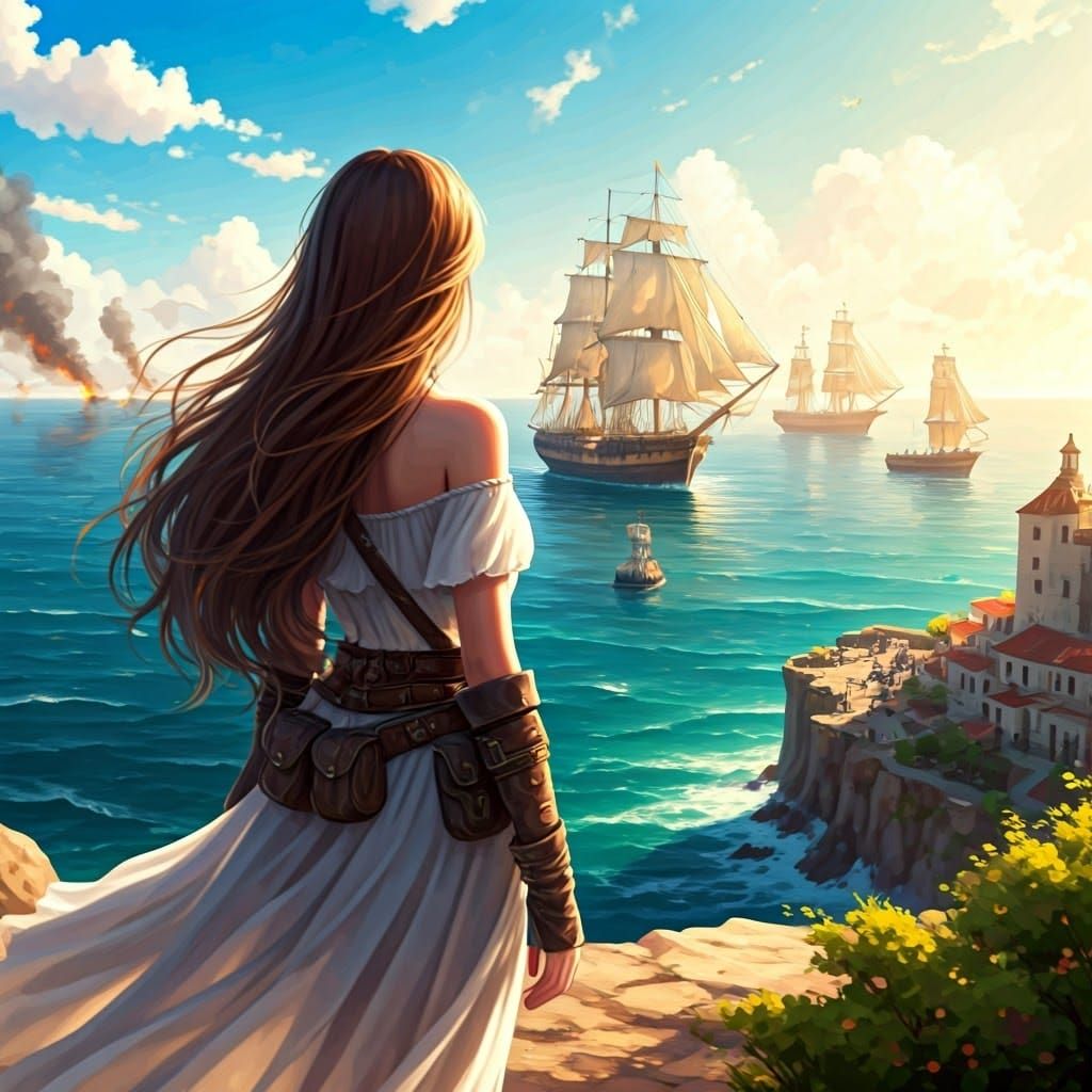 Romantic Harbor Battle in Semi-Realistic Anime Style