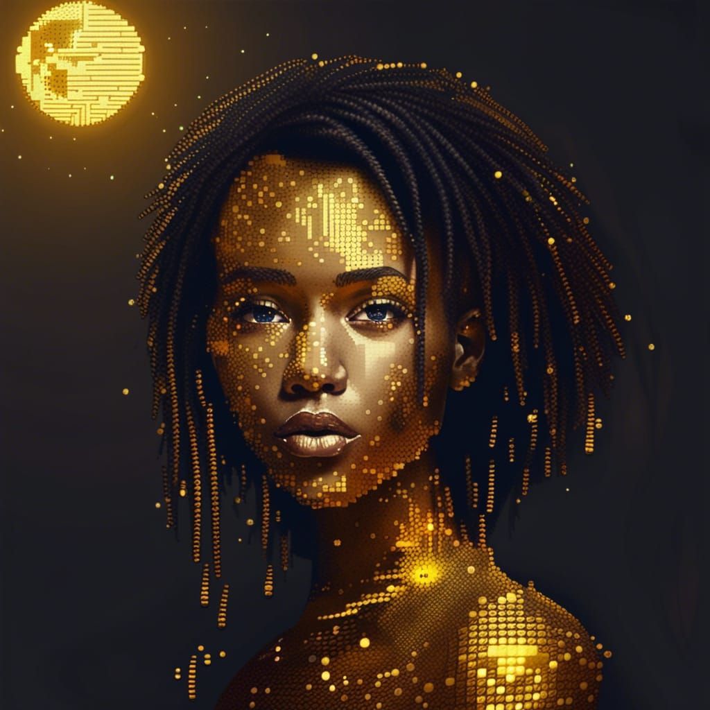 Pixelated Portrait of Woman Under Golden Moon