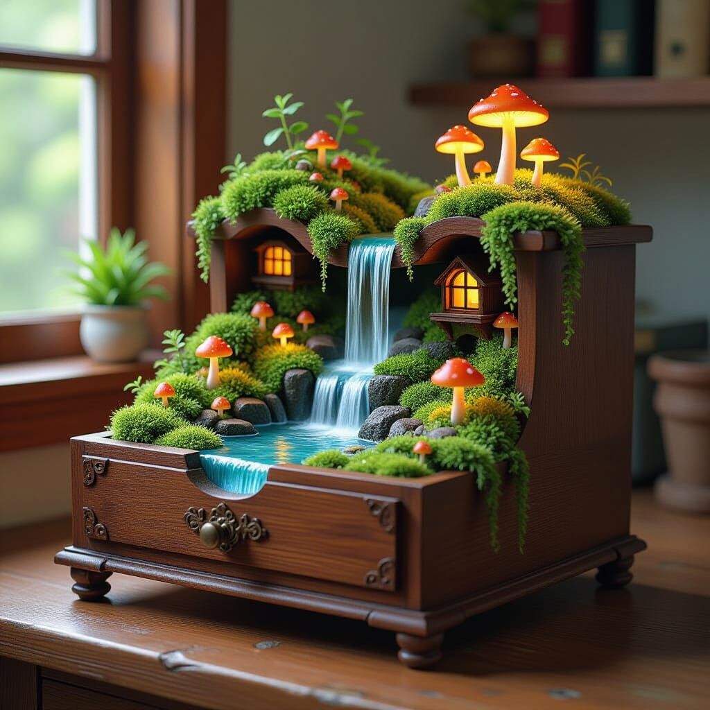 Miniature Ecosystem in Antique Drawer, Ghibli Style